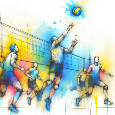 Volleyball players in watercolor paint illustration with Generative AI.の素材