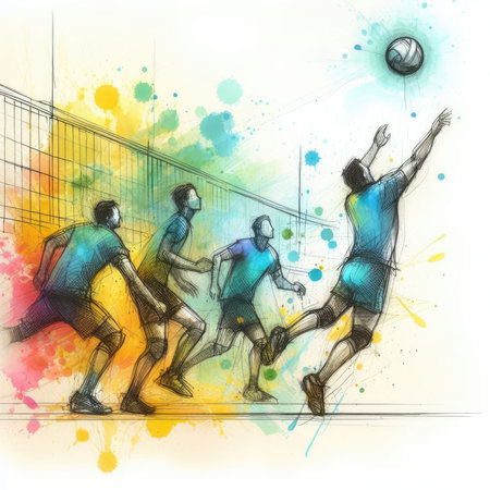 Volleyball players in watercolor paint illustration with Generative AI.の素材