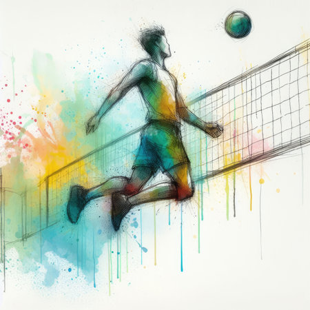 Volleyball players in watercolor paint illustration with Generative AI.の素材