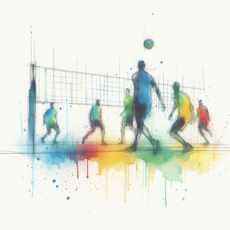 Volleyball players in watercolor paint illustration with Generative AI.の素材