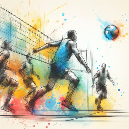 Volleyball players in watercolor paint illustration with Generative AI.の素材
