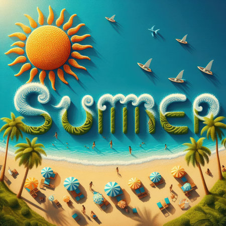 SUMMER text formed fully by beach, sun, waves, palm tree.の素材