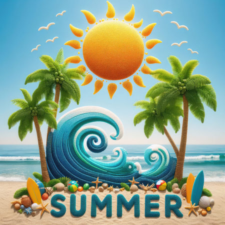 SUMMER text formed fully by beach, sun, waves, palm tree.の素材