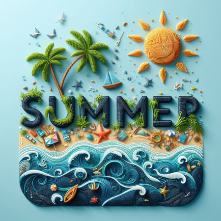 SUMMER text formed fully by beach, sun, waves, palm tree.の素材