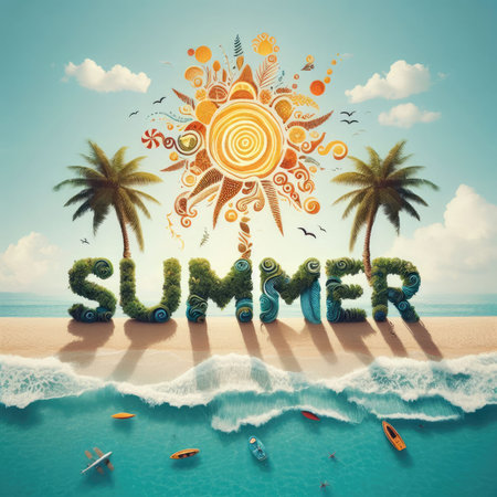 SUMMER text formed fully by beach, sun, waves, palm tree.の素材