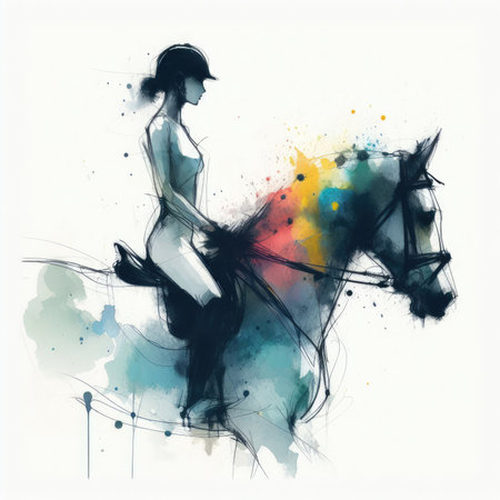 Beautiful young woman riding a horse on a watercolor splash backgroundの素材
