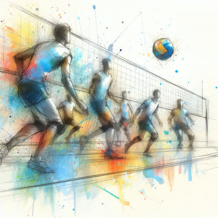 Volleyball players in watercolor paint illustration with Generative AI.の素材