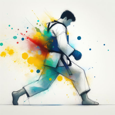 Taekwondo in watercolor splash paint illustration with Generative AI.の素材