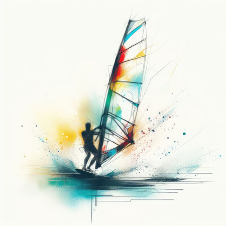 Windsurfing in watercolor paint illustration with Generative AI.の素材