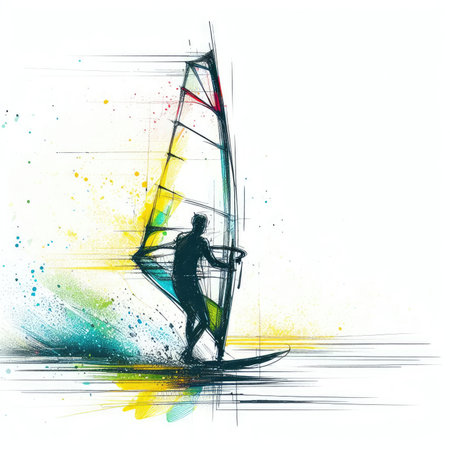 Windsurfing in watercolor paint illustration with Generative AI.の素材