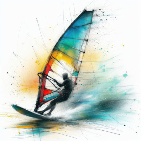 Windsurfing in watercolor paint illustration with Generative AI.の素材