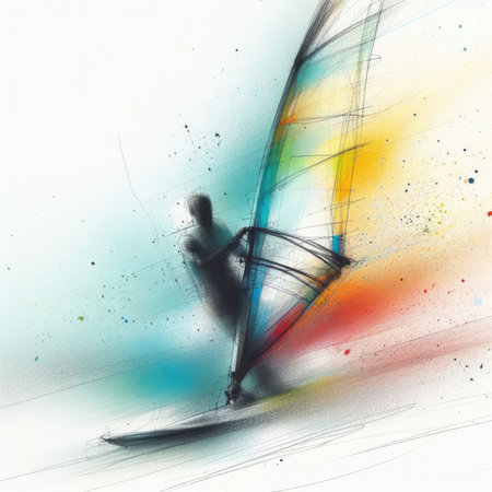 Windsurfing in watercolor paint illustration with Generative AI.の素材