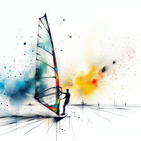 Windsurfing in watercolor paint illustration with Generative AI.の素材