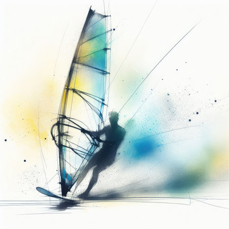 Windsurfing in watercolor paint illustration with Generative AI.の素材