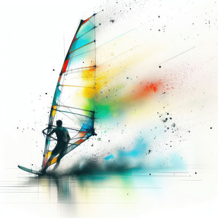 Windsurfing in watercolor paint illustration with Generative AI.の素材