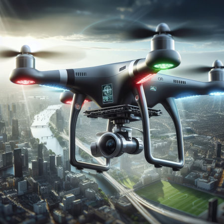 Drone Overlooking a Bustling Cityscape with Generative AI.の素材