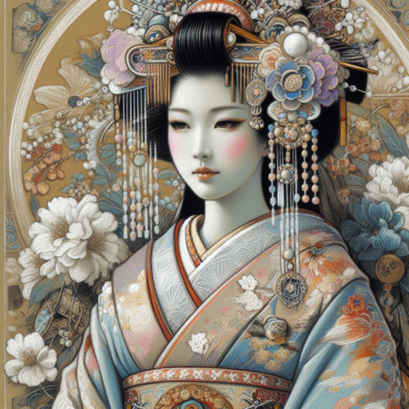 Ethereal Beauty Amidst Blooming flowers with Japanese kimono girl with Generative AI.の素材