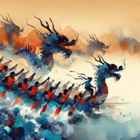 Dragon Boat Festival Celebration and Dragon Boat Race Scene in Mimimalist with Generative AI.の素材