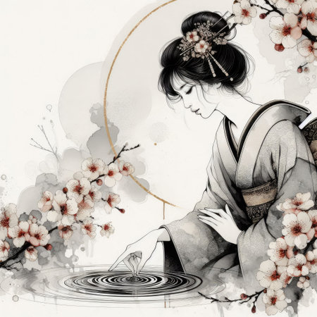 Japanese Lady in Cherry blossoms rain with Generative AI.の素材