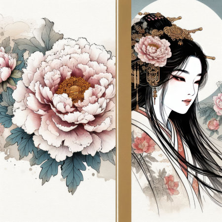 Elegant Chinese Art: A Peony Blossom and a Graceful Woman in Traditional Attire with Generative AI.の素材