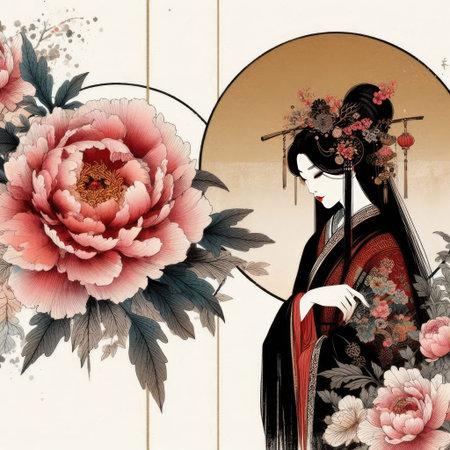Elegant Chinese Art: A Peony Blossom and a Graceful Woman in Traditional Attire with Generative AI.の素材