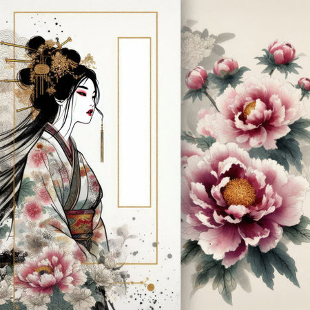 Elegant Chinese Art: A Peony Blossom and a Graceful Woman in Traditional Attire with Generative AI.の素材