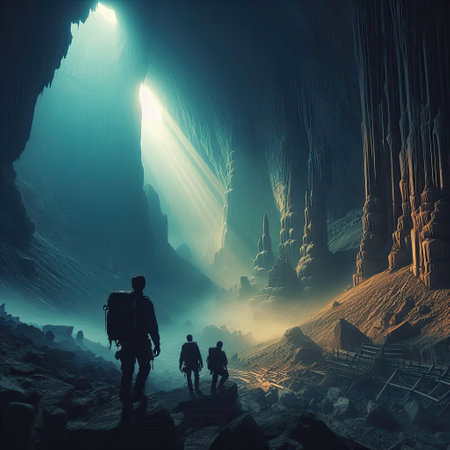 Adventurous Explorers Discover a Majestic Underground Cave with Generative AI.の素材
