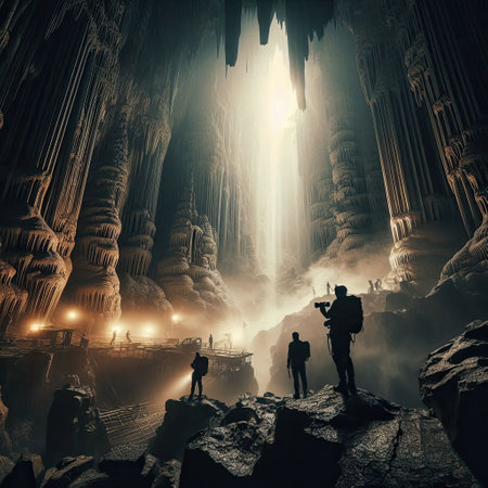 Adventurous Explorers Discover a Majestic Underground Cave with Generative AI.の素材