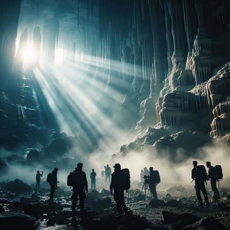 Adventurous Explorers Discover a Majestic Underground Cave with Generative AI.の素材