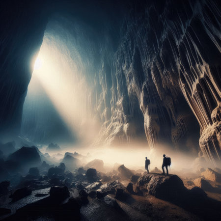 Adventurous Explorers Discover a Majestic Underground Cave with Generative AI.の素材