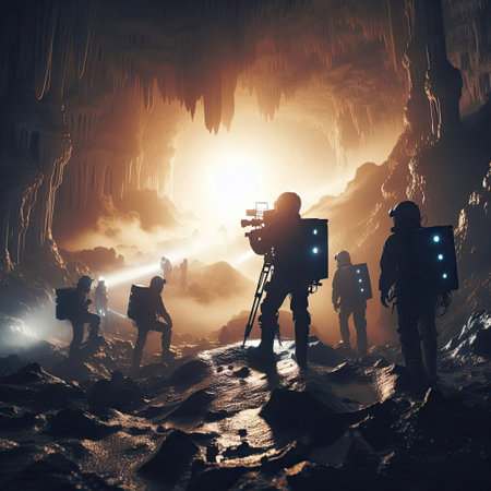 Adventurous Explorers Discover a Majestic Underground Cave with Generative AI.の素材