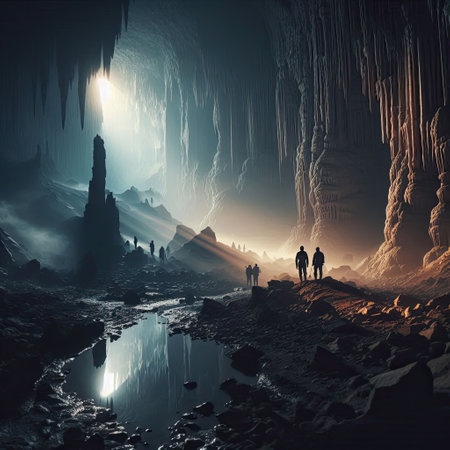 Adventurous Explorers Discover a Majestic Underground Cave with Generative AI.の素材