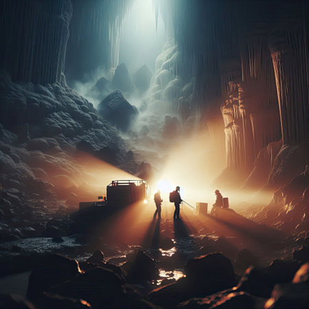 Adventurous Explorers Discover a Majestic Underground Cave with Generative AI.の素材