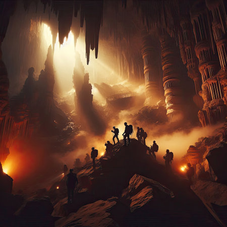 Adventurous Explorers Discover a Majestic Underground Cave with Generative AI.の素材