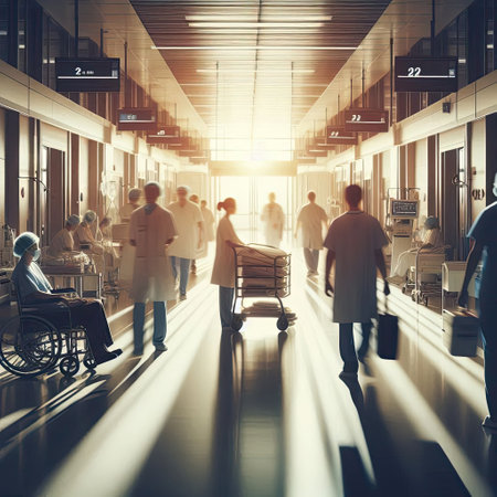 Bustling Hospital Corridor with Medical Staff and Equipment with Generative AI.の素材