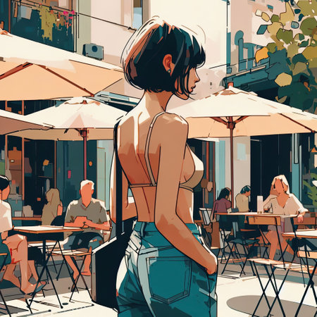 Cafe Terrace Ambiance: A Moment of Urban Leisure, girl next to coffee shop with Generative AI.の素材