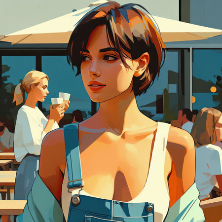 Cafe Terrace Ambiance: A Moment of Urban Leisure, girl next to coffee shop with Generative AI.の素材