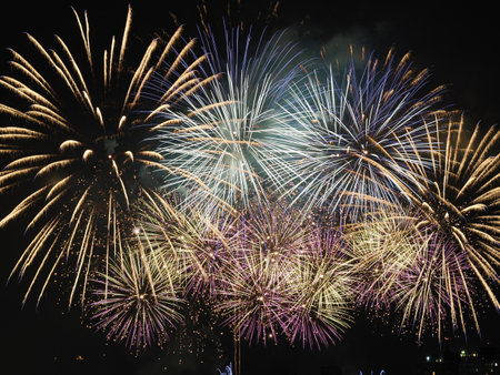 Firework in summertime in New Taipei City, Taiwan.の写真素材