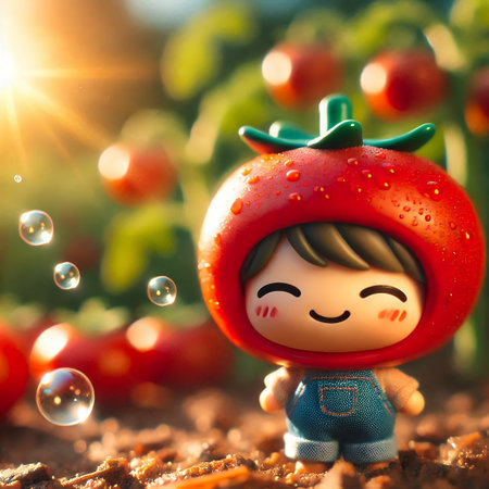 Happy Tomato Farmer Figurine in a Vibrant Garden , Cute Toy Character with Tomato Hat and Overalls with Generative AI.の素材