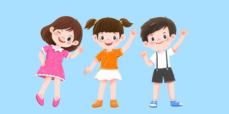 Happy and lovely children wavingの写真素材