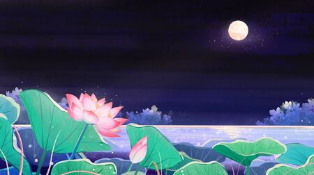 Flat Chinese style moonlight in lotus pondの写真素材