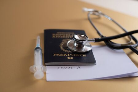 background passport, health and prevention coronavirus, medicine, photo aimed at migration, border control, Latin American passportの写真素材