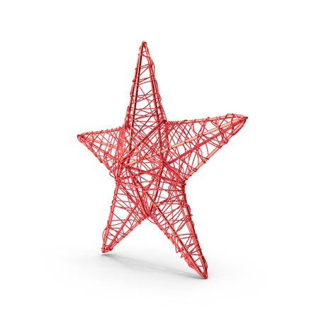 Red metallic star Realistic, Geometric lines for Christmas party invitation, tree decoration, festive texture isolatedの写真素材