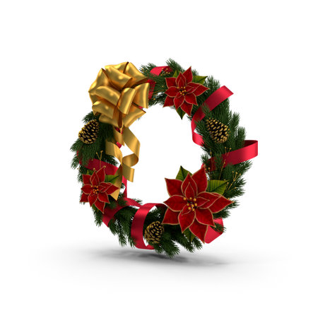 red and green with golden ribbon Christmas wreath for celebration festive collection for decoration, gifts isolated on white backgroundの写真素材