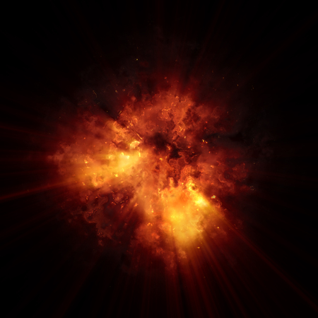 Fire explosion isolated on black backgroundの写真素材