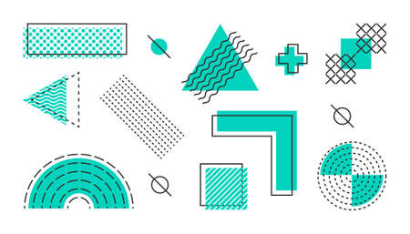 Abstract Geometric Shapes. Abstract geometric compositions set. Memphis design, retro elements for web, vintage, advertisement, commercial banner, sale. Vector illustrationのイラスト素材