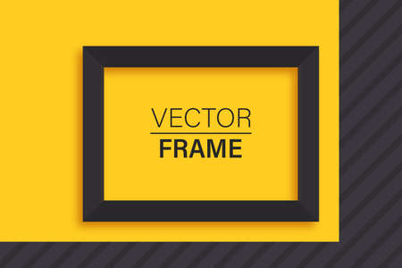 Frame. Flat lay of black frame. Frame mockup template on isolated yellow background. Black and yellow. Vector illustrationのイラスト素材