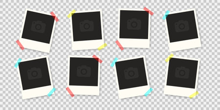 Photo frames. Mockup old photo frames on a transparent background with color tape. Vector...