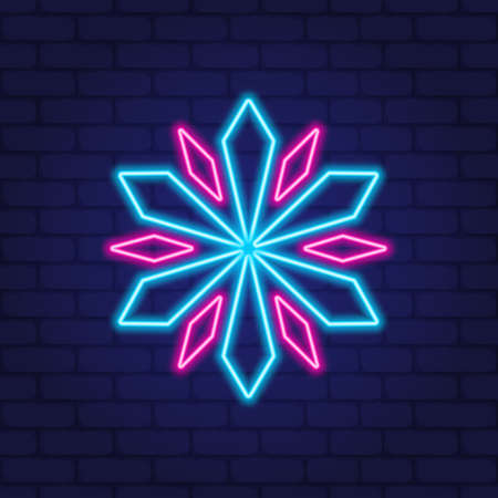 Neon snowflake. Geometric neon snowflake on dark background. New neon snow icon. Vector illustrationのイラスト素材
