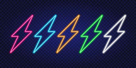Neon flash. Neon sign of lightning on dark transparent background. Vector illustrationのイラスト素材